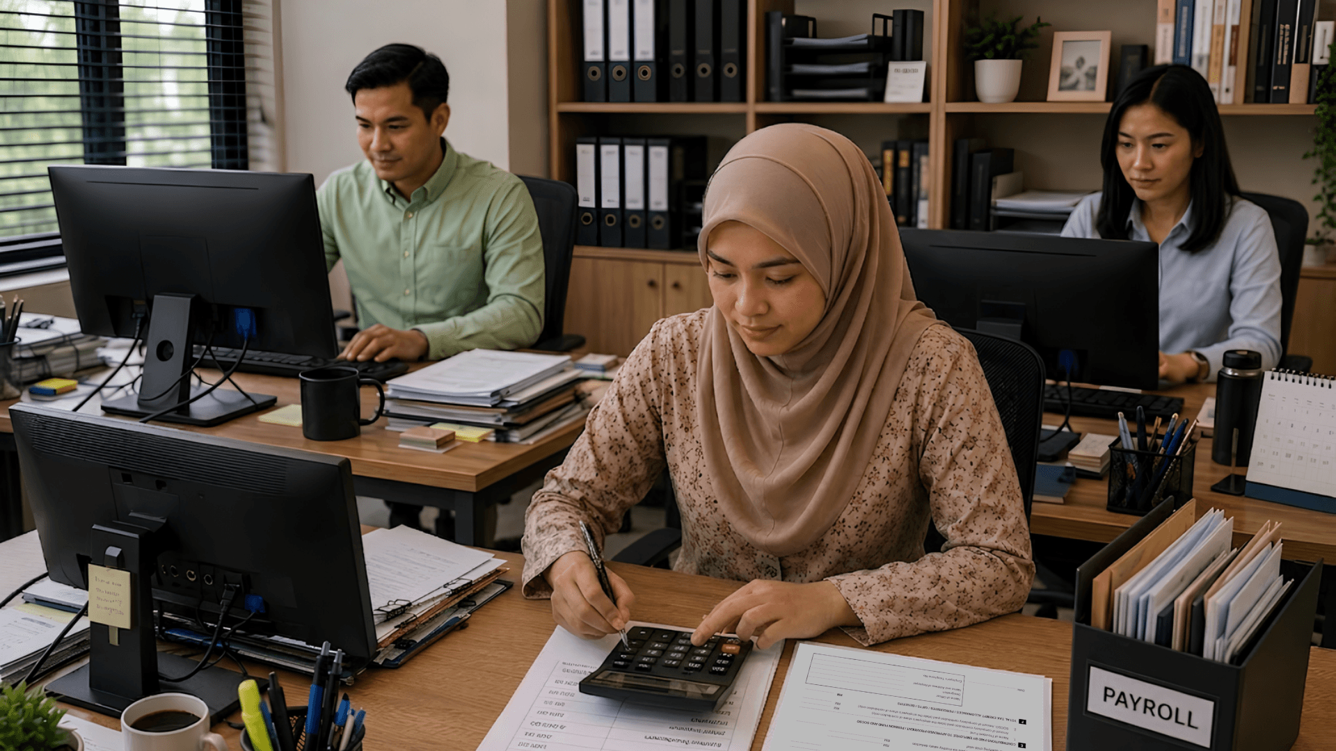 Business team in an office reviewing payroll and HR documents