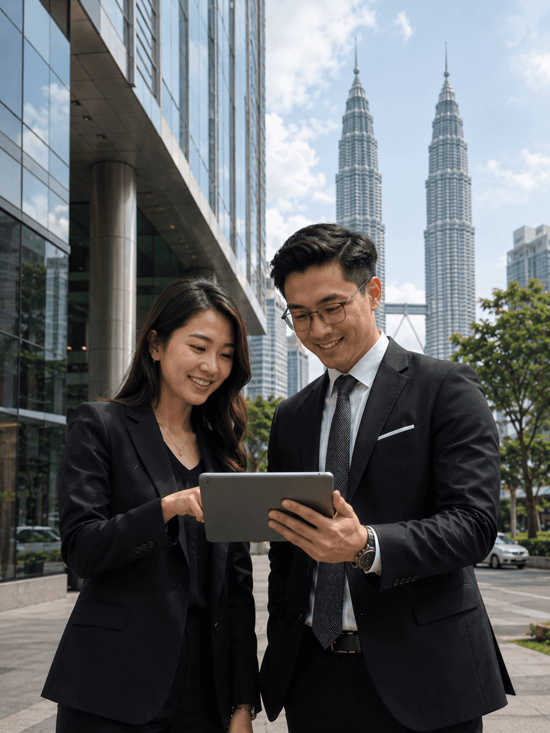 Professional Malaysian business consultants discussing financial data on a tablet outside a modern corporate office in Kuala Lumpur, representing collaboration and strategic financial advisory services for GSK Business Advisory